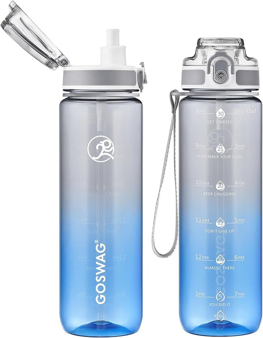 GOSWAG Water Bottles, 32 oz Motivational Sports Water Bottle with Straw and Time Marker to Remind You to Drink, Comes with Carry Strap, Leakproof