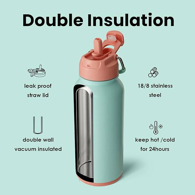 BOTTLE BOTTLE 32oz Insulated Water Bottle Stainless Steel Sport Water Bottle with Straw Dual-use Lid Design for Gym with Pill Box (dreamy ocean)