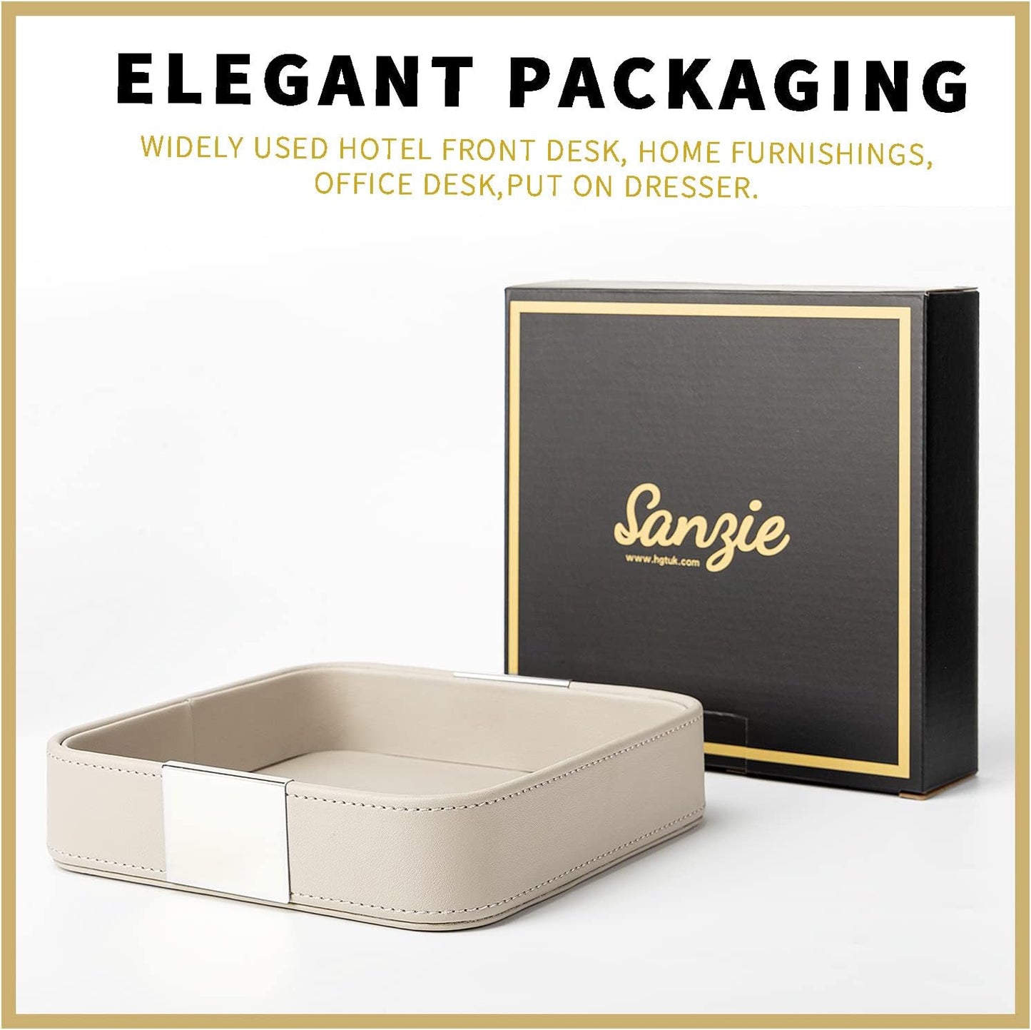 SANZIE Luxury Leather Desktop Storage Small Catchall Organizer Decorative Tray for Entryway Table to Hold Jewelry Watch Cosmetics Keys Phone Wallet, Home & Office Accessories (Metal Silvered, Grey)