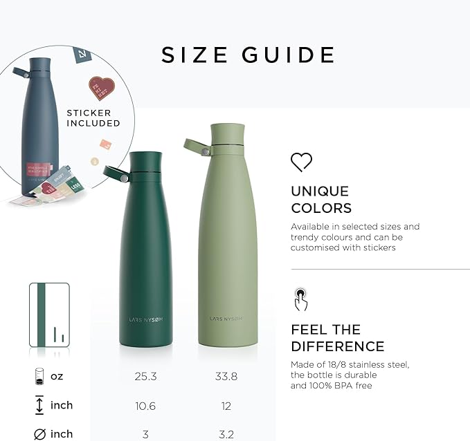 LARS NYSØM Stainless Steel Insulated Water Bottle 25oz 34oz | BPA-free Insulated Thermo Flask for Hot and Cold Beverages | Leakproof Drinking Bottle (Blue Stone, 25oz)