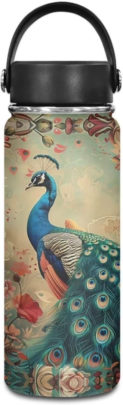 Peacocks Insulated Water Bottle 18 Oz Stainless Steel Leak Proof Vacuum Lightweight Keeps Cold and Hot Great for Travel Hiking Biking Running
