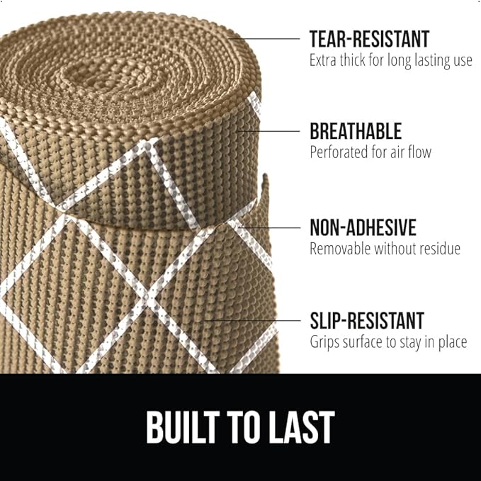 Gorilla Grip powerGRIP Drawer Shelf and Cabinet Liner, Thick Strong Hold, Non-Adhesive Liners Protect Kitchen Cabinets and Cupboard, Bathroom Drawers, Easy Install, Breathable Mat, 12" x10', Beige