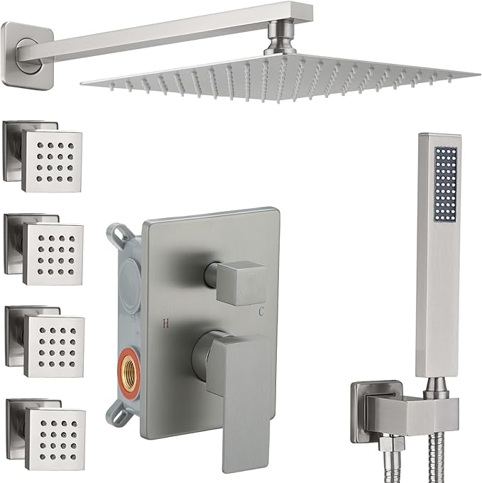 Full Body Shower System Concealed Shower Faucet Set with Body Massage Jets 10 Inch Shower Head Trim Kit 3 Function Wall Mount High Pressure for Bathroom