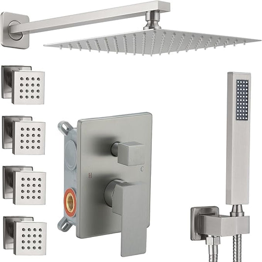 Full Body Shower System Concealed Shower Faucet Set with Body Massage Jets 10 Inch Shower Head Trim Kit 3 Function Wall Mount High Pressure for Bathroom