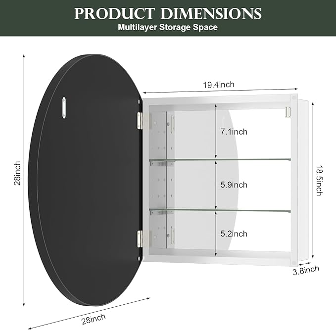 WallBeyond Bathroom Medicine Cabinet with Mirror, 28 Inch Black Round Mirror Medicine Mabinet Wall Mounted with Aluminum Alloy Metal Framed, Surface Mount Medicine Cabinet with Storage