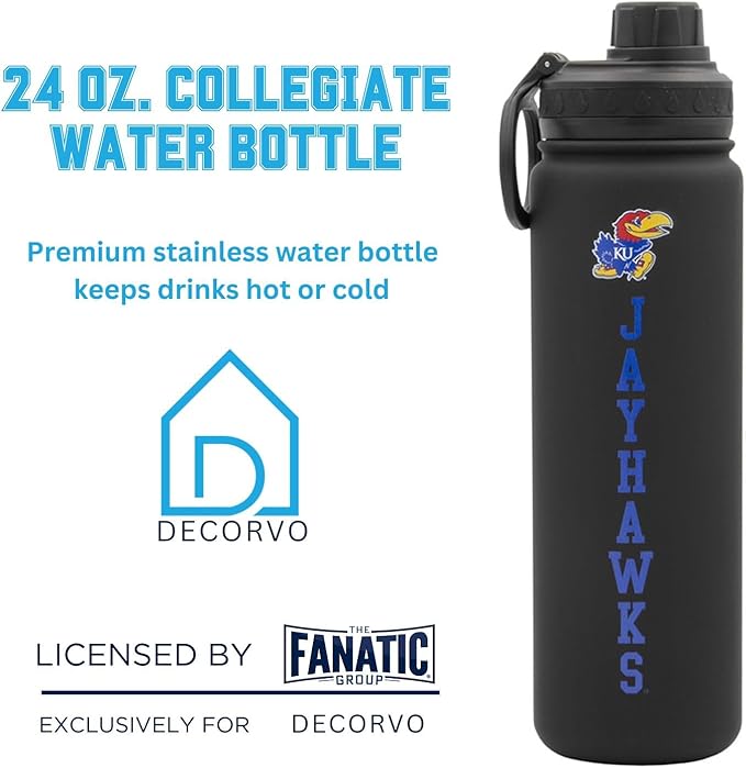 Kansas Jayhawks Water Bottle - Black Double Walled Stainless Steel 24 oz Keeps Drinks Cold or Hot