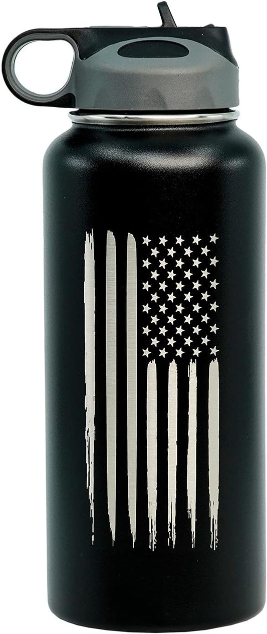 32oz American Flag Stainless Steel Insulated Water Bottle - Engraved USA Flag - American Flag Gift Set | Disabled USMC Vet Owned SMALL Business
