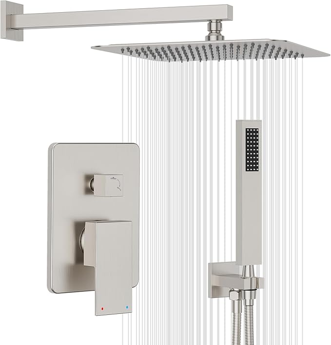 Gabrylly Shower System Brushed Nickel, Rain Shower head with handheld Shower Spray Combo, Rainfall Shower Faucet Set Complete, High Pressure 10" Stainless Steel Shower Valve Set
