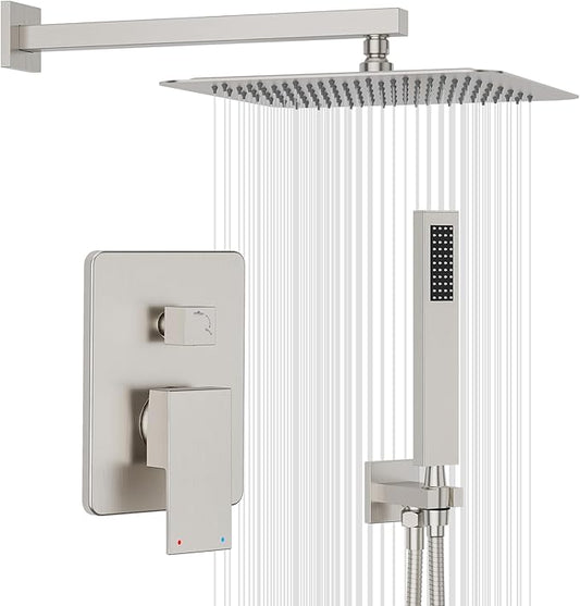 Gabrylly Shower System Brushed Nickel, Rain Shower head with handheld Shower Spray Combo, Rainfall Shower Faucet Set Complete, High Pressure 10" Stainless Steel Shower Valve Set