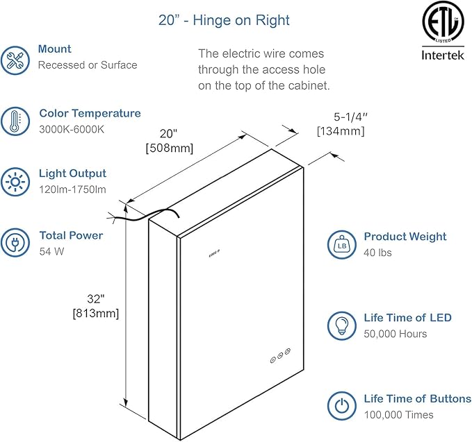 Blossom LED Lighted Mirror Medicine Cabinet, 20x32 Inch, Right Hinge | Recessed or Surface Bathroom LED Medicine Cabinet with Mirror, Defogger, 3 Color Dimmer | 3X Makeup Mirror, Outlets & USB Ports