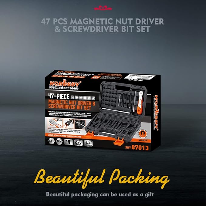 HORUSDY 47Pcs Nut Driver Set SAE and Metric, Impact Magnetic Nut Driver for impact drill, Socket Adapters, Screwdriver Bit Set, Cr-V Steel 1/4" Hex Shank Quick Change,with Storage Case