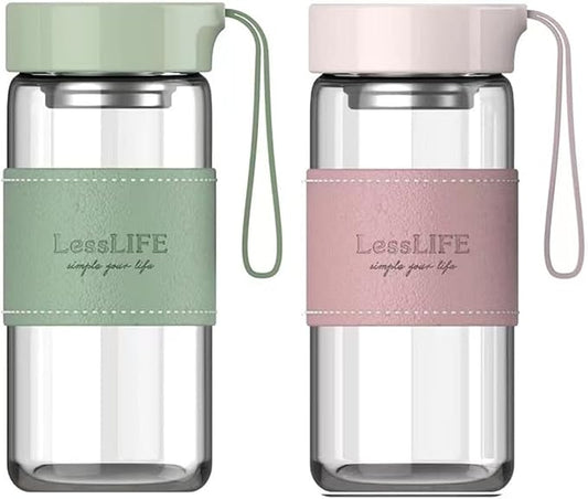 Snminetal 16 oz Borosilicate glass water bottle-with sealing cap and Holsters and filters Reusable Portable Glass drinking Bottle Apply to Make tea, coffee, office Go To School (Pink+Green)