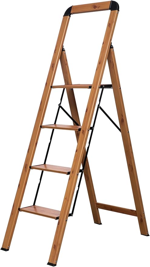 Step Ladder 4-Step Woodgrain Finish Aluminum Folding Step Stool Wide Pedal,Anti-Slip Portable Sturdy for Home & Kitchen Office 330 lbs
