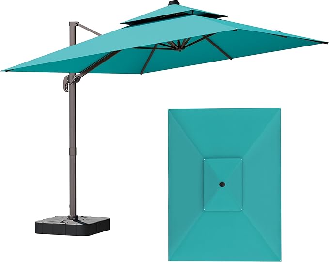9x12FT Cantilever Patio Umbrella - Heavy Duty Double Layer Offset Design with 360° Rotation, Large Rectangle Umbrella for Garden, Deck, Pool, Backyard, Turquoise