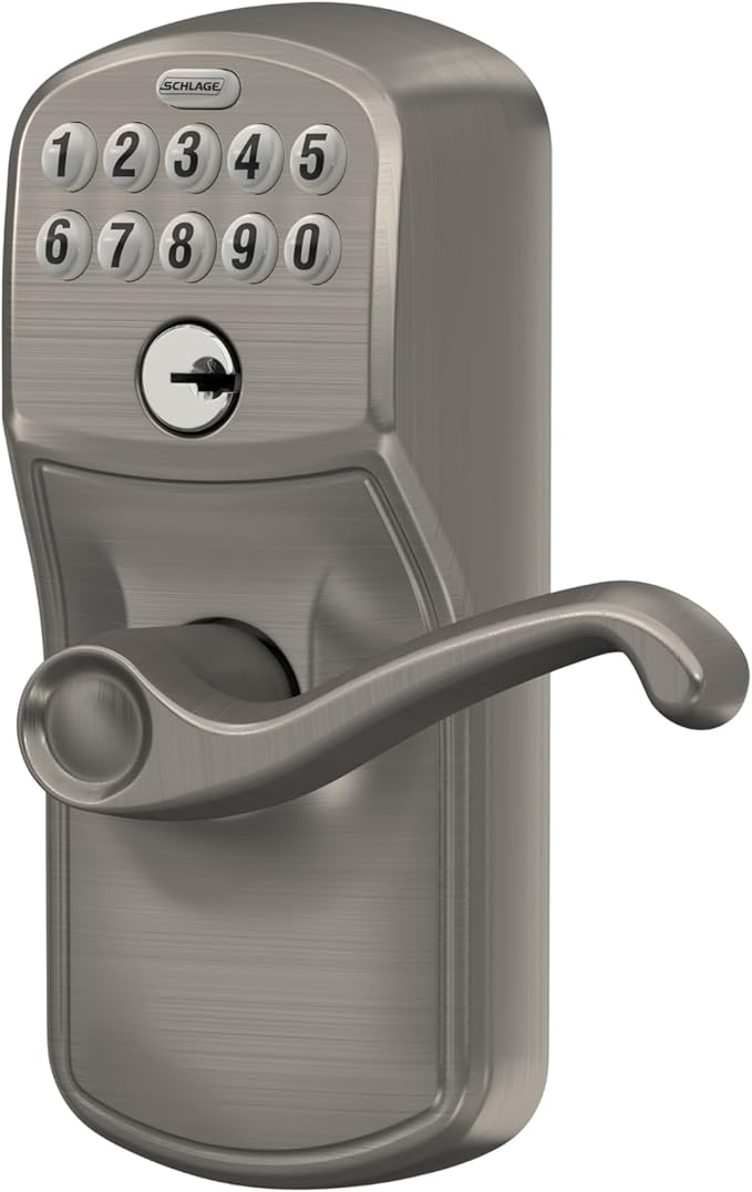 SCHLAGE FE595 PLY 619 FLA Plymouth Keypad Entry with Flex-Lock and Flair Style Levers, Satin Nickel