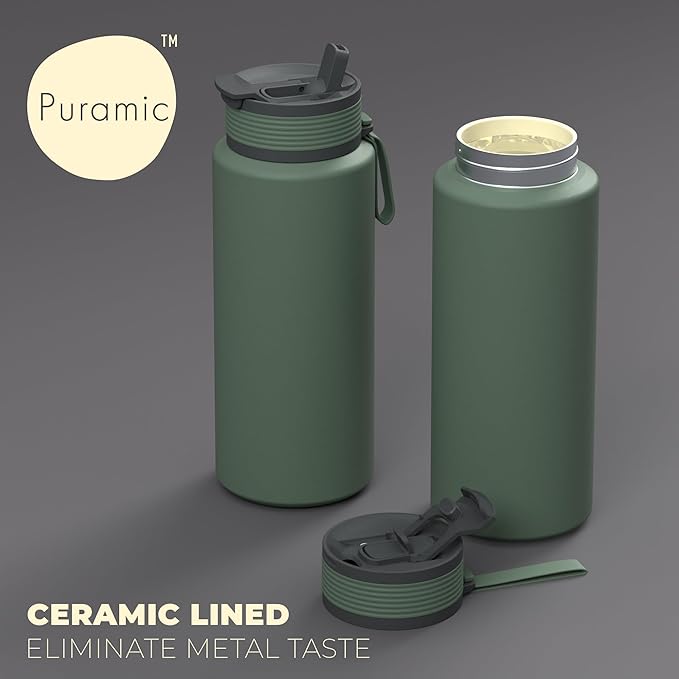 Asobu Boulder Puramic™ Insulated Sport Water Bottle with Dual Function Flip Open and Straw Lid for Hot Coffee and Cold Ice Coffee with Ceramic Coating 34 oz (Basil Green)