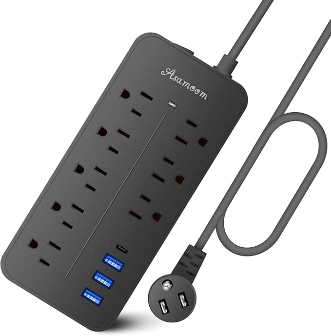 20FT Surge Protector Extension Cord with Flat Plug, 8 Outlets, 3 USB A & 1 USB-C Port, 1700J Wall Mount Desk Power Strip Black, ETL Listed