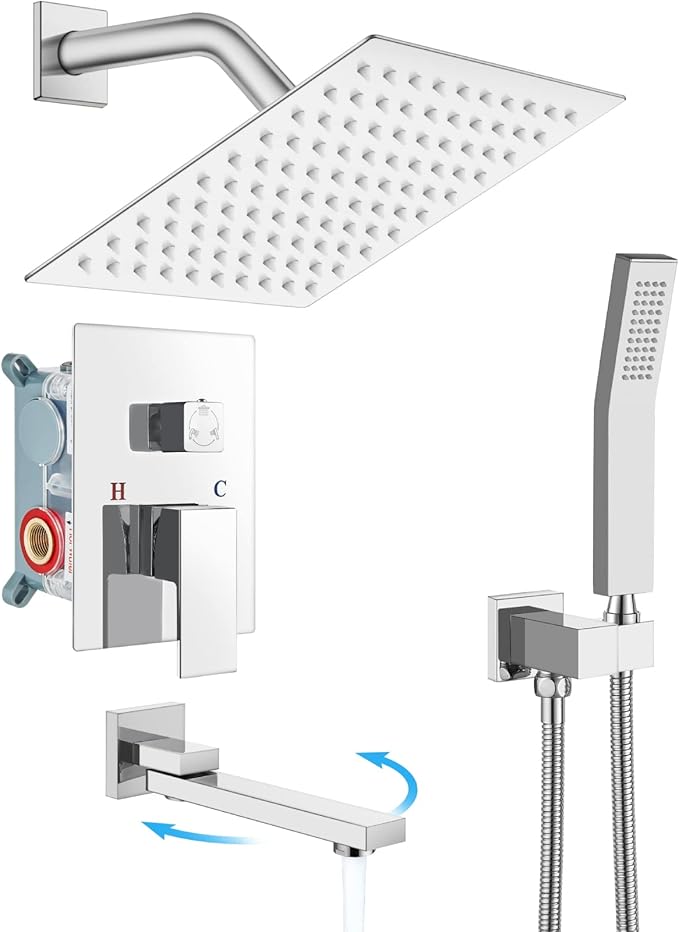 gotonovo Rainfall Tub Shower Faucet Set Bathroom Shower System with Tub Spout Wall Mount Square High Pressure Shower Fixtures with Handheld Sprayer Rough-In Valve 8'' Shower Head,Polished Chrome