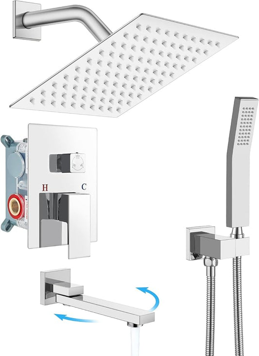 gotonovo Rainfall Tub Shower Faucet Set Bathroom Shower System with Tub Spout Wall Mount Square High Pressure Shower Fixtures with Handheld Sprayer Rough-In Valve 8'' Shower Head,Polished Chrome