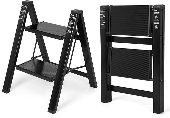 FAHKNS 2 Step Ladder, Aluminum Light Folding 2 Step Stool with Non-Slip Wide Pedal (7.9Inch), 330Lbs Capacity Stepping Stool, Step Ladder 2 Step Folding for Office,Household,Kitchen, Black