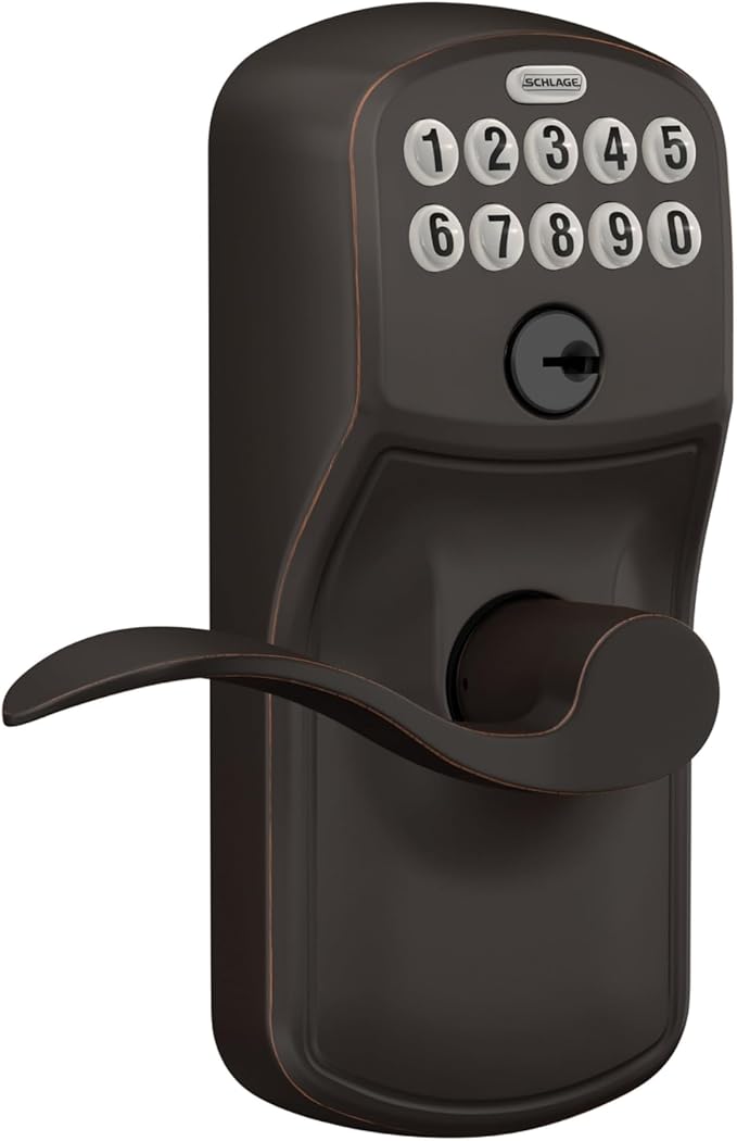 SCHLAGE FE595 PLY 716 Acc Plymouth Keypad Entry with Flex-Lock and Accent Style Levers, Aged Bronze,12 Inch