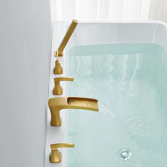Roman Tub Faucet Waterfall Tub Filler Brushed Gold Deck Mount Bathtub Faucets 5 Hole Brass Bathroom Faucets with Hand Shower