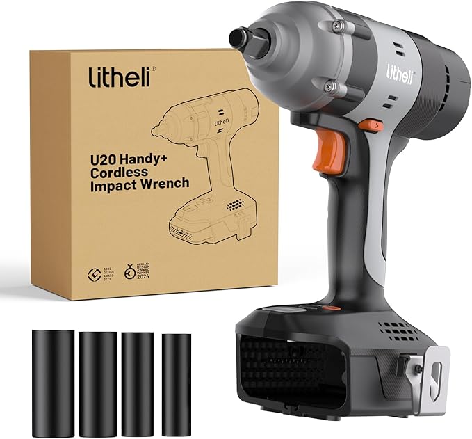 Litheli Cordless Impact Wrench Kit, 1/2 Inch Hog Ring Impact Gun with 4 Impact Sockets, 5 Torque Settings Impact Driver for Car Home, Bare Tool Only