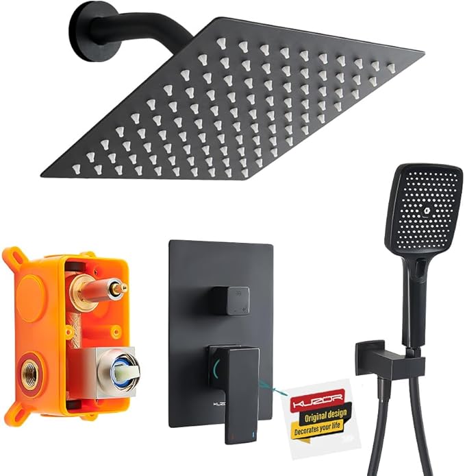 1Pc 304 Stainless Steel Shower Faucet Set, Rain Shower Head with Handheld Spray, Square Shower Head with 3 Setting Handheld Combo and Brass Valve Kit (Matte Black, 8 Inch Rain Shower Head)