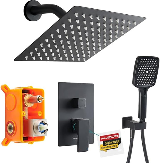 1Pc 304 Stainless Steel Shower Faucet Set, Rain Shower Head with Handheld Spray, Square Shower Head with 3 Setting Handheld Combo and Brass Valve Kit (Matte Black, 8 Inch Rain Shower Head)