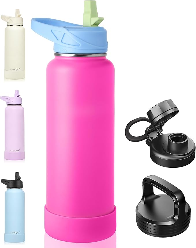 CIVAGO 40 oz Insulated Water Bottle With Straw, Stainless Steel Sports Water Flask Cup with 3 Lids (Straw, Spout and Handle Lid), Double Walled Travel Thermal Canteen Mug, Raspberry Vibes