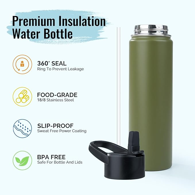 Stainless Steel Water bottle with Straw & Wide Mouth Lid, Wide Rotating Handle, 24oz Double Wall Vacuum Insulated Water Bottle Leak Proof, BPA Free, Keep Cold and Hot, 24oz, Army Green