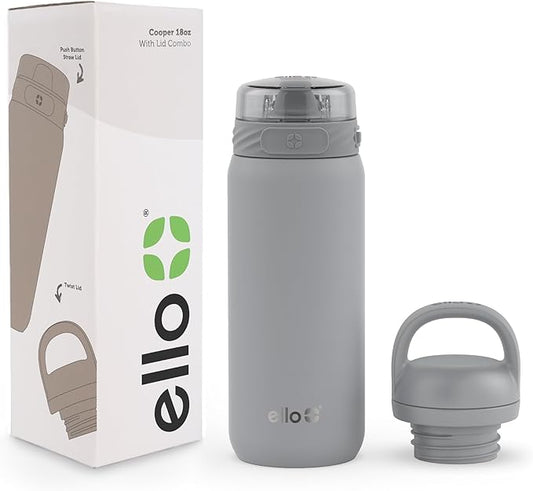 Ello Cooper 18oz Kids Stainless Steel Water Bottle with 2 Lids Chug and Straw | Leak Proof Double Walled and Vacuum Insulated | Fits Car Cupholder | Built in Carry Loop | Dishwasher Safe | Gray