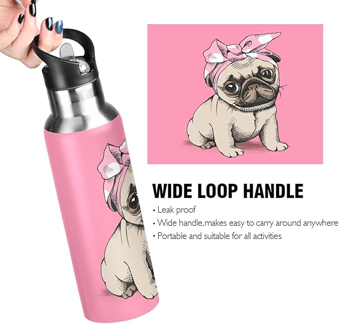 Blueangle 20 OZ Pink Headband Pug Water Bottle with Straw, Sports Water Bottle BPA Free Stainless Steel Water Jugs for Gym, Kitchen, Working, Outdoor