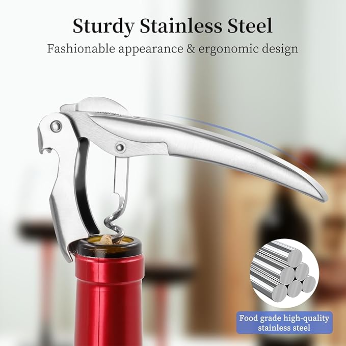 Bottle Opener, Wine gift for Wine Lover, Waiter’s Corkscrew Wine Opener with Genuine Leather Case, Foil Cutter, Beer Bottle Opener, Eco-Friendly Manual Wine Key (Stainless Steel)