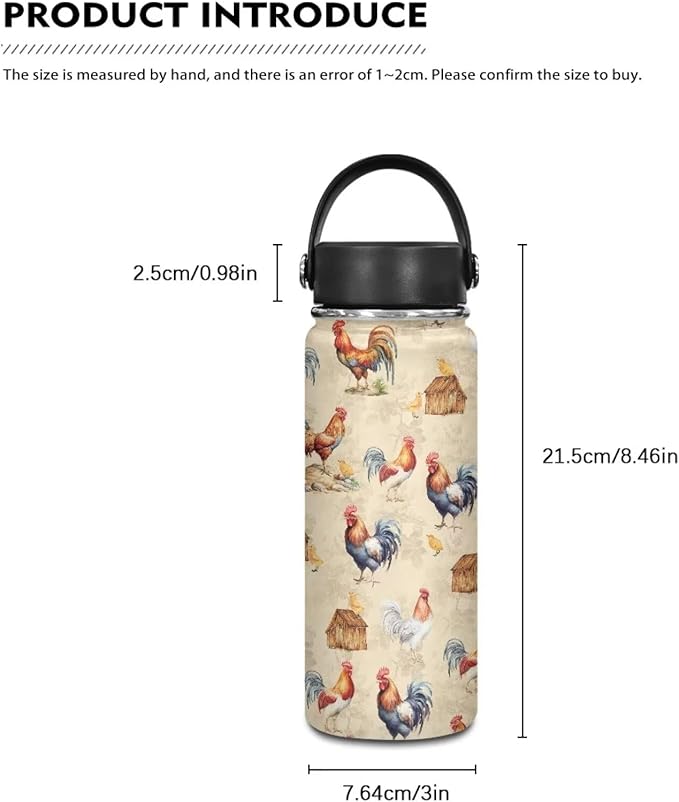 Chicken Insulated Water Bottles with Handle Stainless Steel Metal Water Bottle, Cold & Hot Water Bottle 20 Oz, Leak Proof Travel Cup