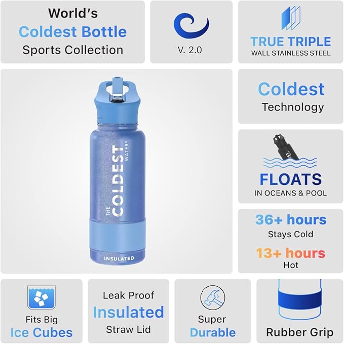 Coldest Sports Water Bottle with Straw Lid Vacuum Insulated Stainless Steel Metal Thermos Bottles Reusable Leak Proof Flask for Sports Gym (32 oz, Galactic Blue Glitter)