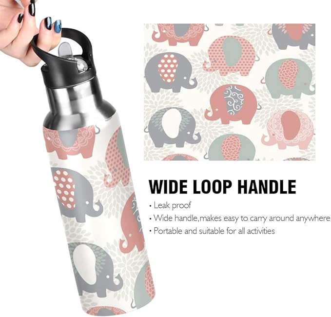 Cute Colorful Elephants Stainless Steel Water Bottle with Straw, BPA Free Reusable Leakproof Water Jug for Fitness Camping Outdoor Sports