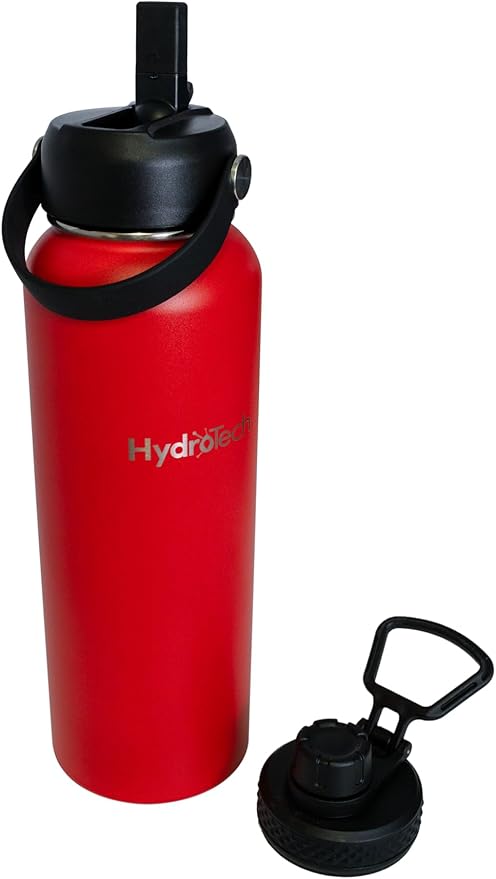 HydroTech Stainless Steel Leak Proof Water Bottle with Double Wall Insulation and 2 Lids (Straw Lid) - 40 OZ. (Red)