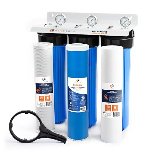 Aquaboon 3-Stage Whole House Water Filter System | Sediment & Premium GAC Filter & CTO 5 Micron Water Filters 20 x 4.5 inch w/Wrench, White Bracket & Pressure Gauges & Release Buttons (1" Port)