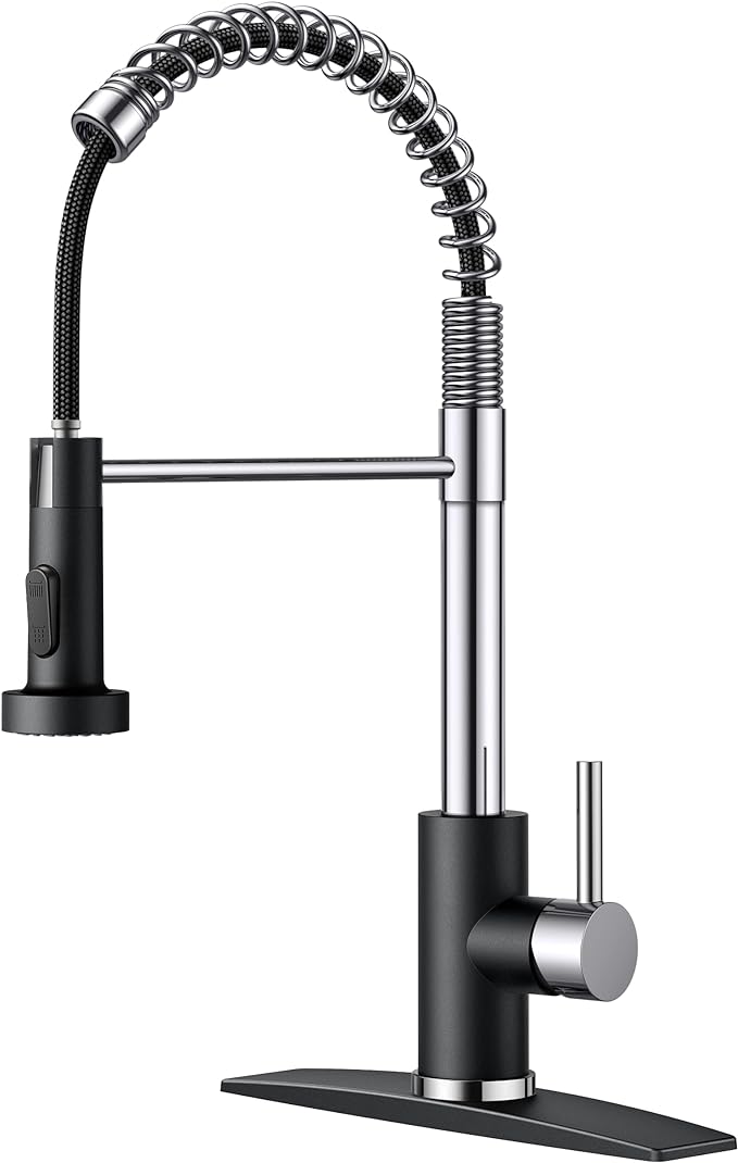 FORIOUS Kitchen Faucet with Pull Down Sprayer, Stainless Steel Commercial Single Handle Classic Spring Pull Out Sink Faucet for Pot Filler, Farmhouse Camper Bar Laundry Room, Black Chrome