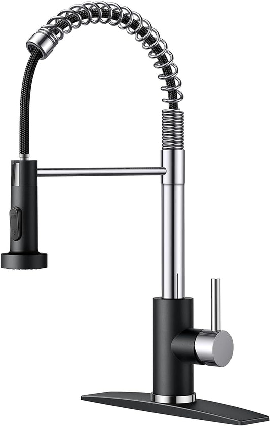 FORIOUS Kitchen Faucet with Pull Down Sprayer, Stainless Steel Commercial Single Handle Classic Spring Pull Out Sink Faucet for Pot Filler, Farmhouse Camper Bar Laundry Room, Black Chrome