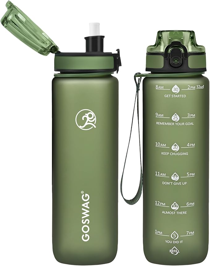 GOSWAG Water Bottles, 32 oz Motivational Sports Water Bottle with Straw and Time Marker to Remind You to Drink, Comes with Carry Strap, Leakproof