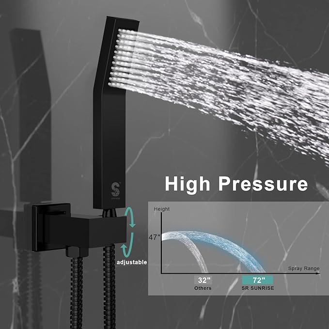 SR SUN RISE 8 Inches All Metal Bathtub and Shower Faucet Combo Shower System with Tub Spout, Shower Tub Faucets Sets Complete Shower Head with Handheld Shower Fixtures, Valve Included, Matte Black