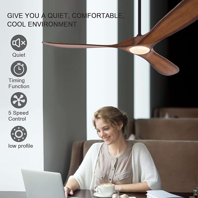 BOJUE Ceiling Fans with Lights 60 Inch Indoor Outdoor Ceiling Fan with Remote Control & 3 Wood Blade,Wood Ceiling Fan for Patio Living Room Bedroom (Light Brown Blades)