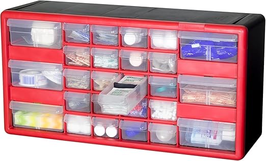 Akro-Mils 26-Drawer Plastic Drawer Storage Cabinet for Garage Organization, Bead Organizer, Building Bricks Storage, Teacher Toolbox, Makeup Organizer, 20-Inch W x 6-Inch D x 10-Inch H, 10126 Red