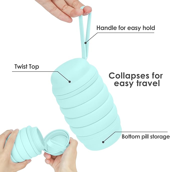 Collapsible Water Bottle, 16 oz. Reusable Water Bottle, Travel Water Bottle, Pill Storage, On the Go, Outdoors, Silicone Water Bottle, BPA Free, Vitamin Storage. (Cyan)