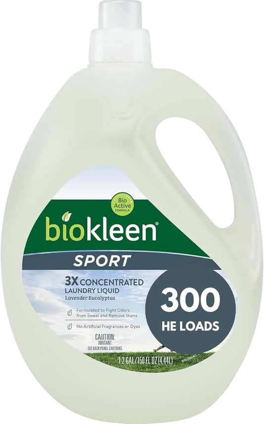 Biokleen Natural Sport 3X Concentrated Laundry Detergent, 300 Loads, Bio Active Formula, Fight Odors, Sweat & Stain Remover, Lavender Eucalyptus Scent