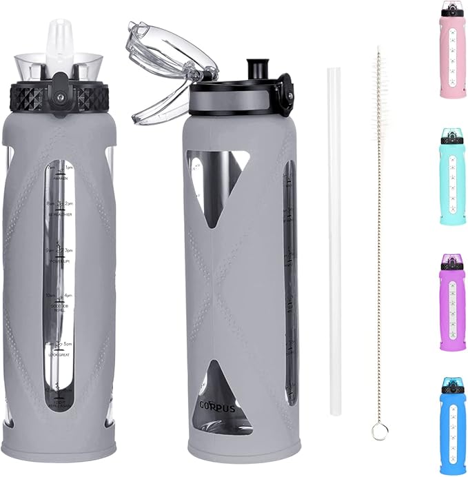 Glass Water Bottles with Straw and Flip Lid, Motivational Water Bottles with Time Marker Reminder and Silicone Sleeve, Leakproof, BPA Free (32 oz, Grey)
