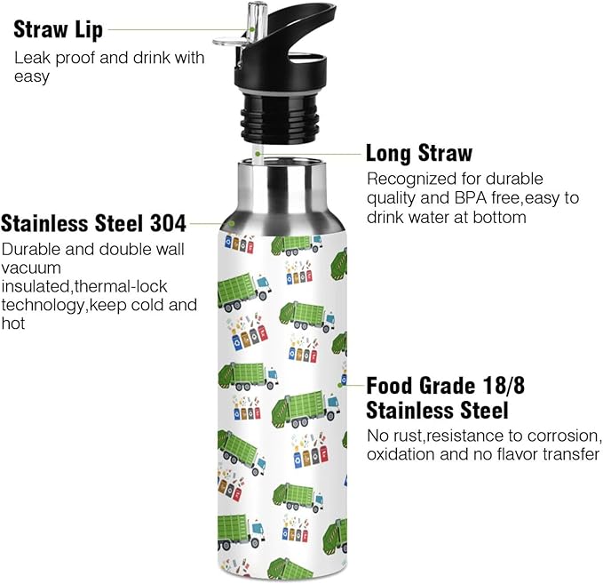 Garbage Truck Trash Recycling Stainless Steel Water Bottle with Straw Lid - 20 Oz Sports Insulated Water Bottle Thermos for Sport Gym Outdoor Travel School