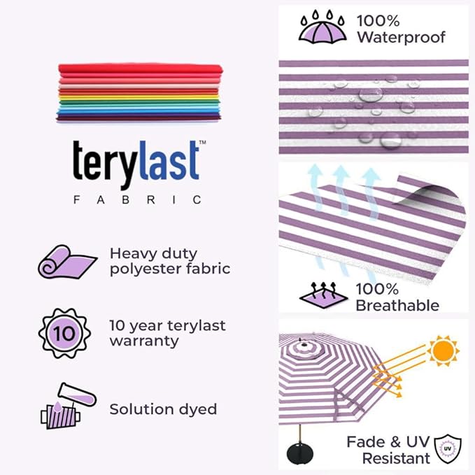 Midtown Umbrellas Push and Pop 10 Feet Outdoor Umbrella, Purple/White Stripes Polyester Fabric - Fiberglass Ribs Deck Patio Umbrella, Backyard Umbrella, Garden Umbrella & Pool Umbrella - Black Pole